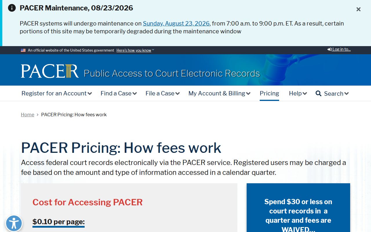 PACER federal case search pricing information