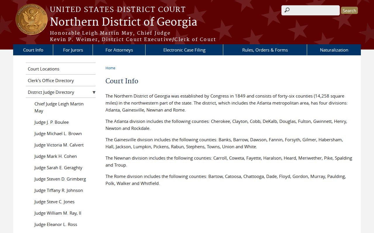 Northern District of Georgia court information listing Gilmer with Gainesville Division