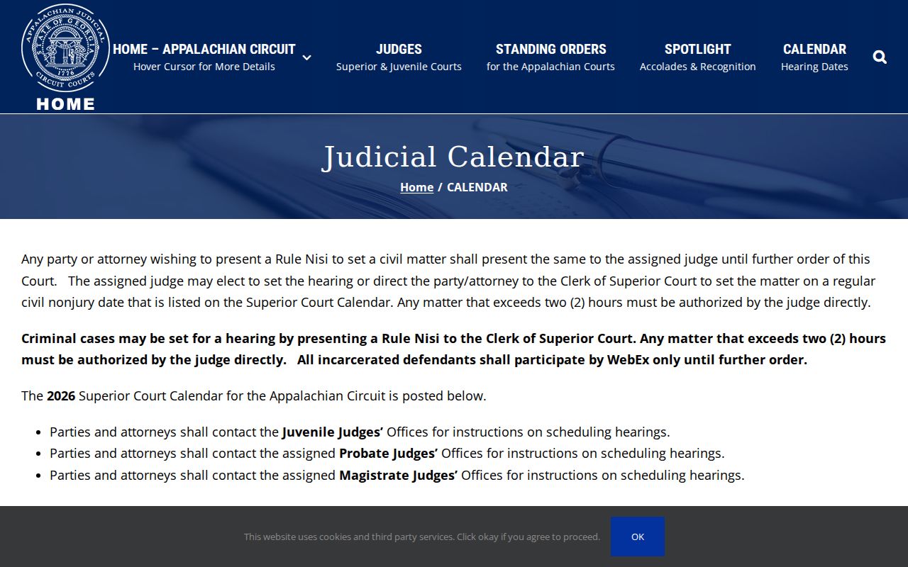 Appalachian Judicial Circuit calendar and hearing dates page for Gilmer County