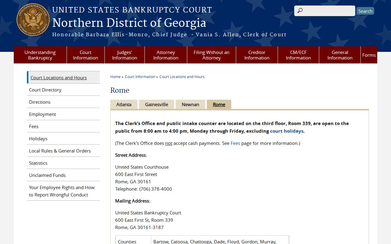 Northern District of Georgia Bankruptcy Court Rome location page